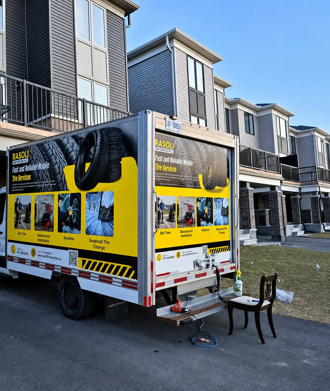 Yellow printed wrap on the box of a cube van listing mobile tire services