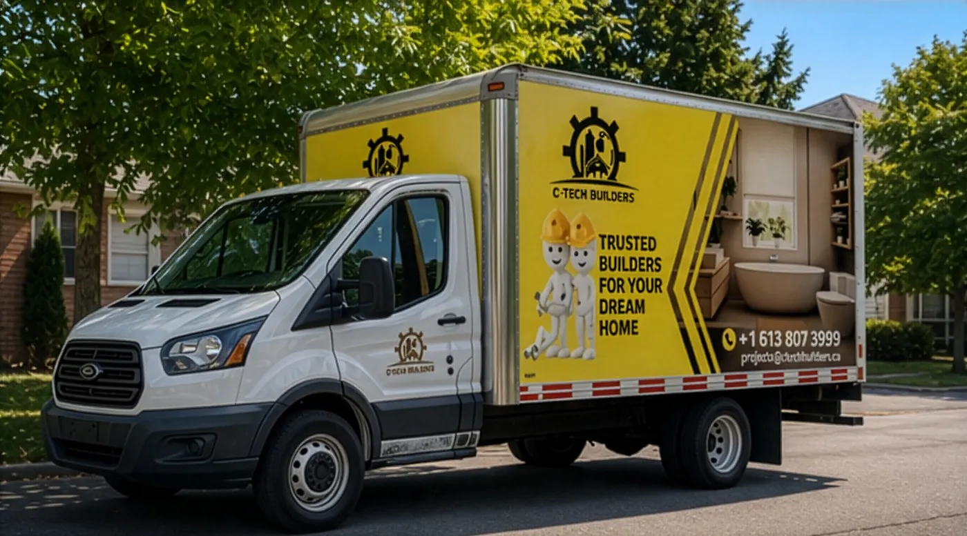 Driver side of a white box truck carrying a yellow C-Tech Builders wrap