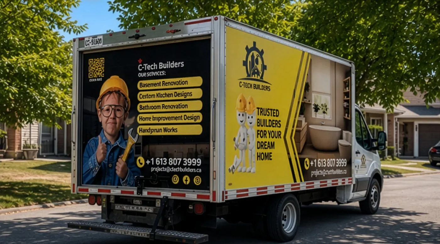 Rear three-quarter view of the same box truck, wrap continuing across the corner