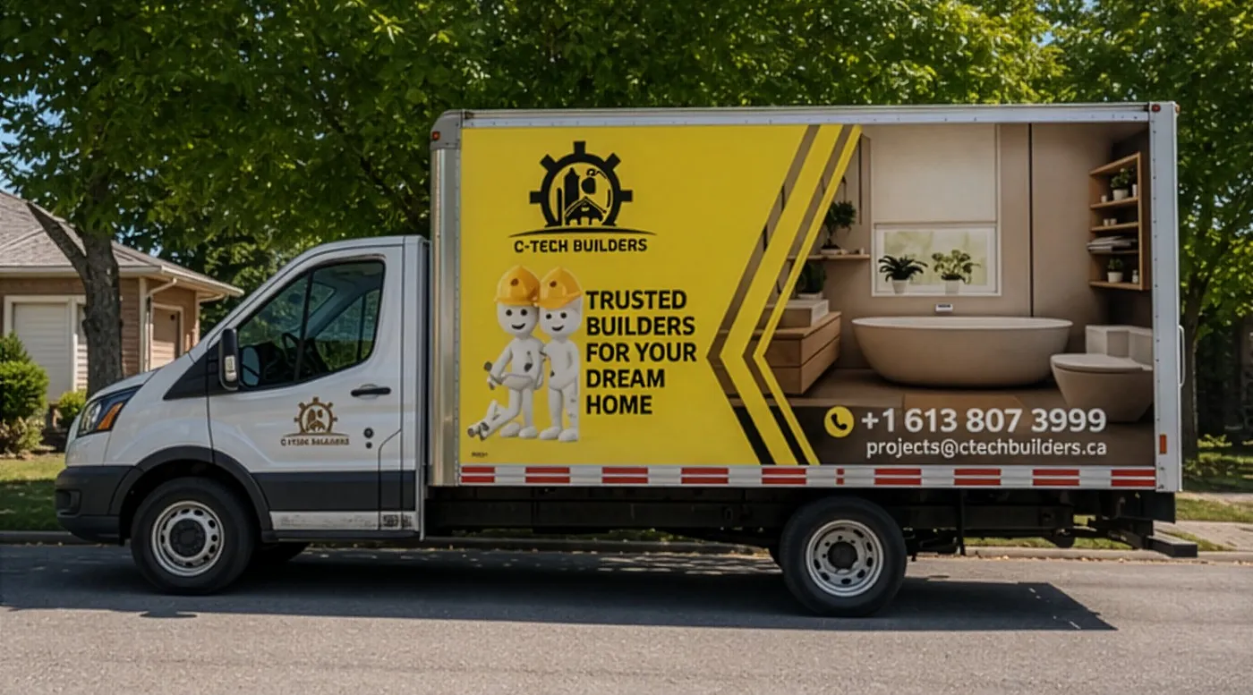 Passenger side of the same box truck with the matching yellow wrap panel