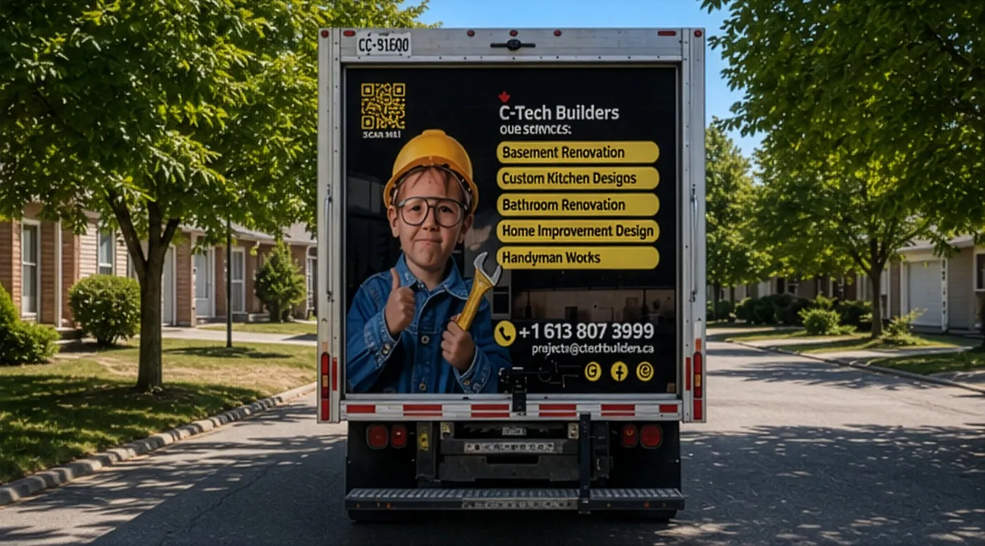 Rear doors of the box truck with the services list and phone number