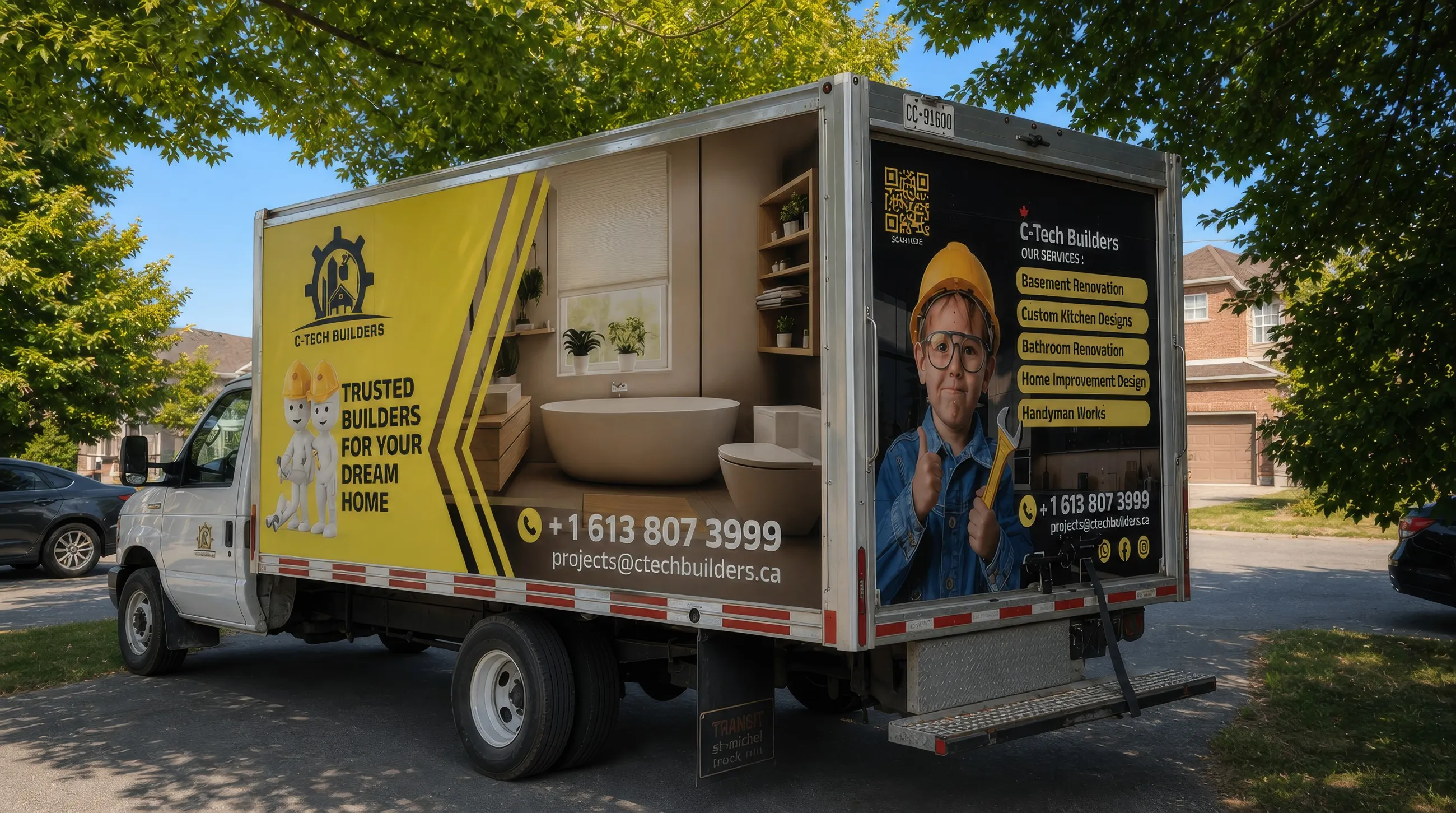 Yellow and black printed wrap across the box of a white cube van for a home renovation contractor