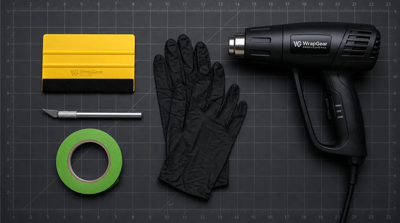 Squeegee, blade, masking tape, gloves and heat gun laid out on a cutting mat