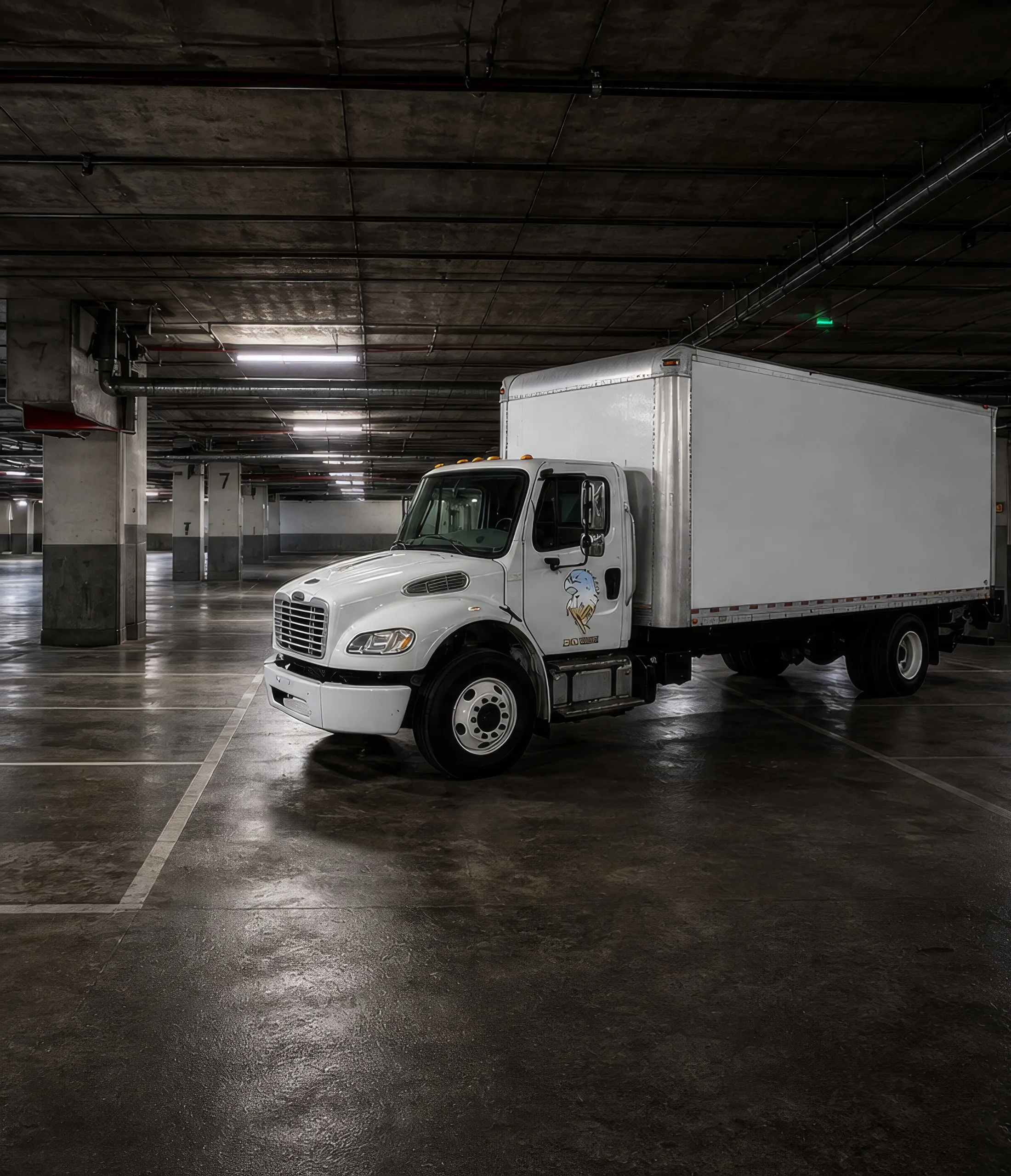 White box truck parked under the low ceiling of a garage, cab door carrying the Iron Hawk decal