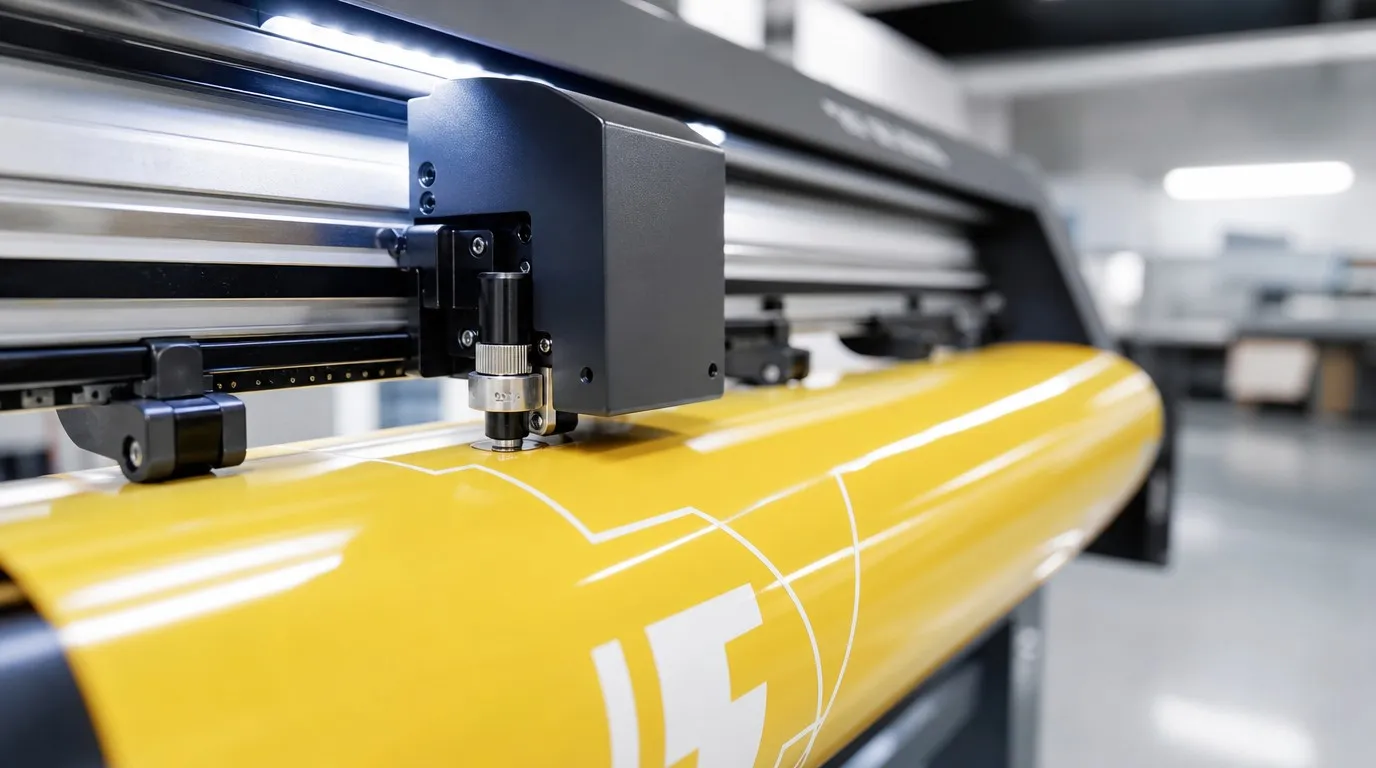 A large-format plotter blade tracking a cut line through yellow vinyl on the roll