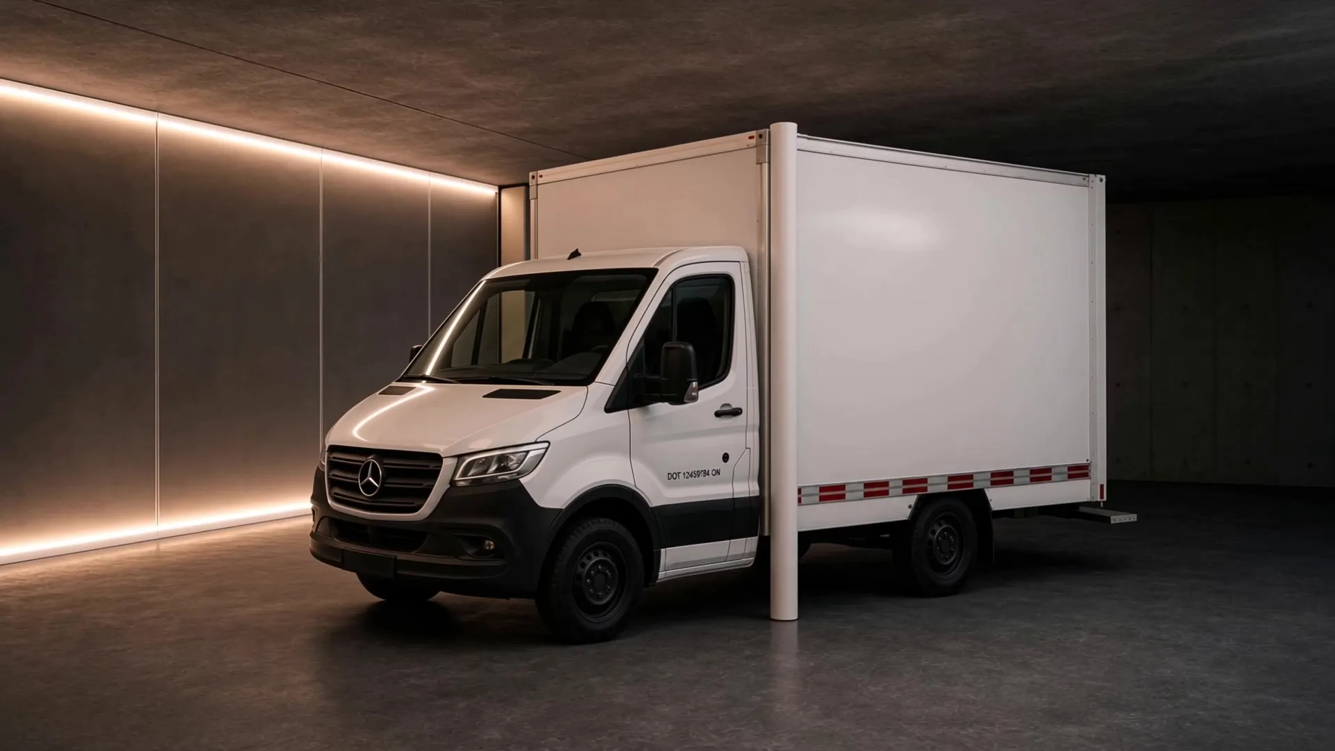 White cube van in a studio, its bare box panel filling with a yellow printed wrap for a mobile tire service as the vinyl is laid across it