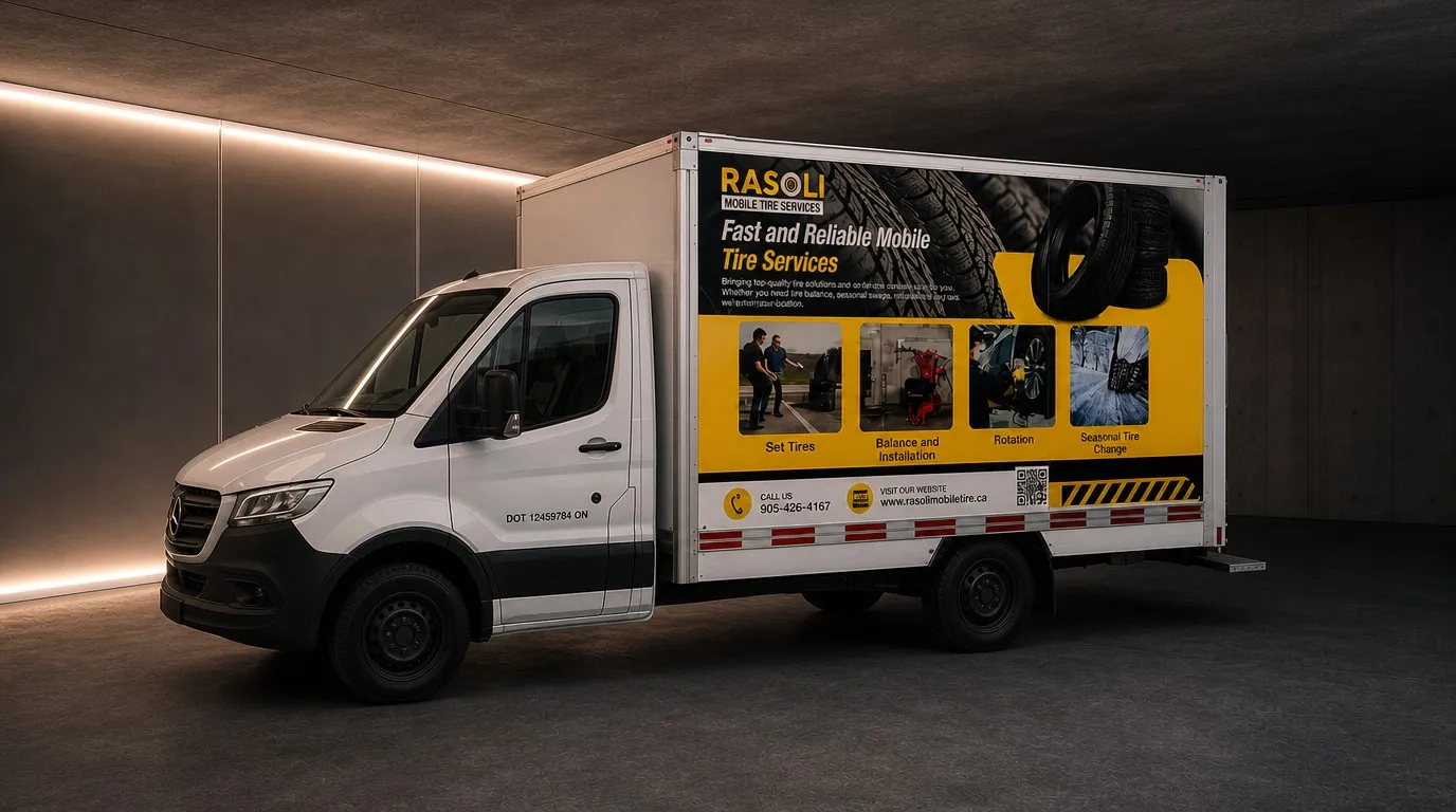 White cube van with a yellow printed wrap across the box advertising mobile tire services