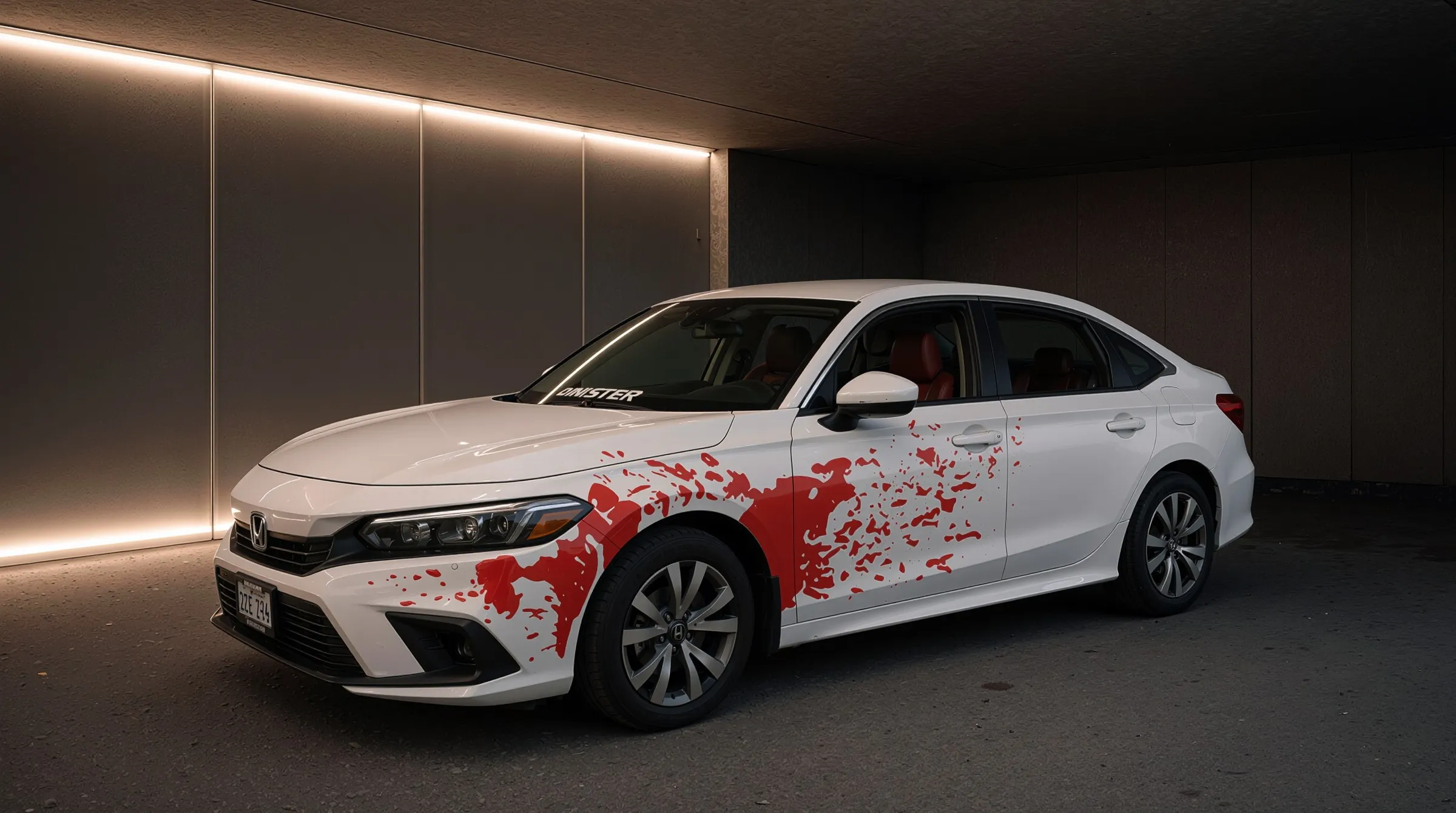 White sedan with a red splatter graphic running from the front bumper along the driver side