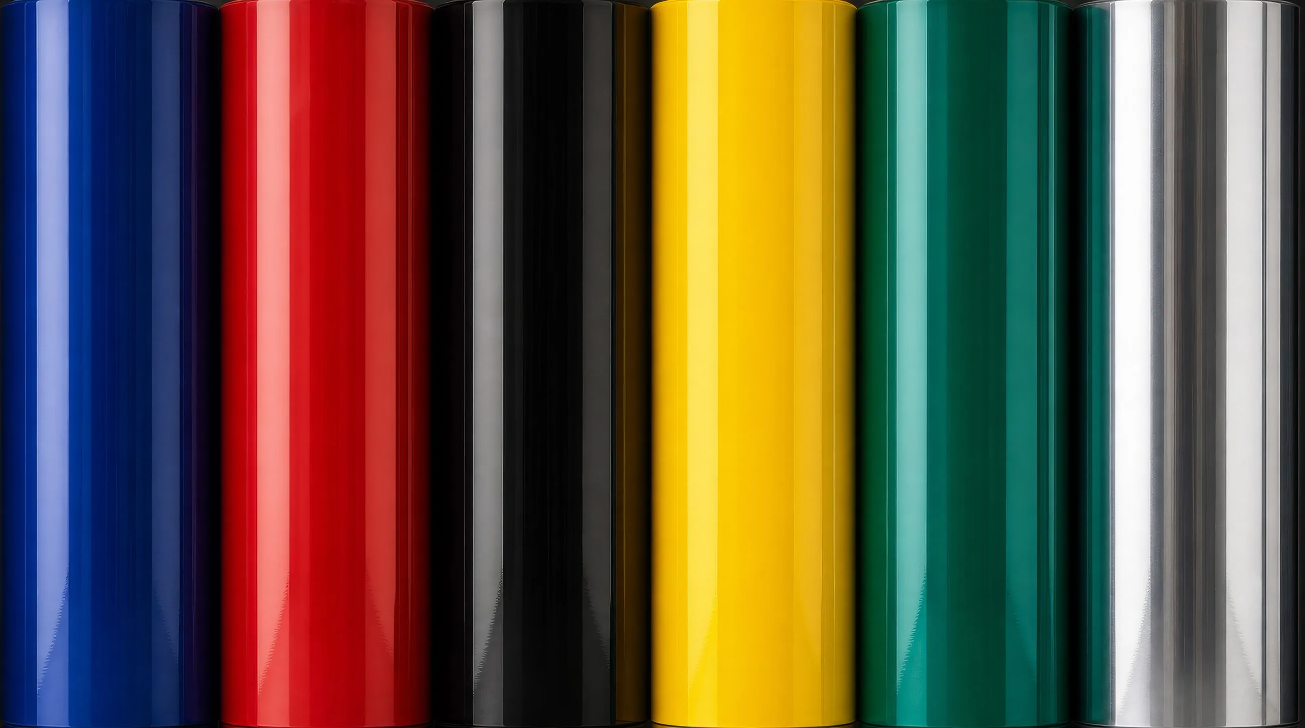 A wall of vinyl film rolls standing side by side in blue, red, black, yellow, green, white and silver