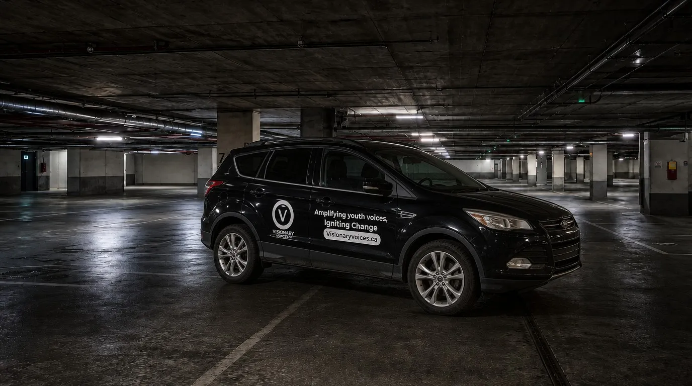 Black compact SUV with white cut vinyl lettering and a circular logo along the front door, parked in a garage